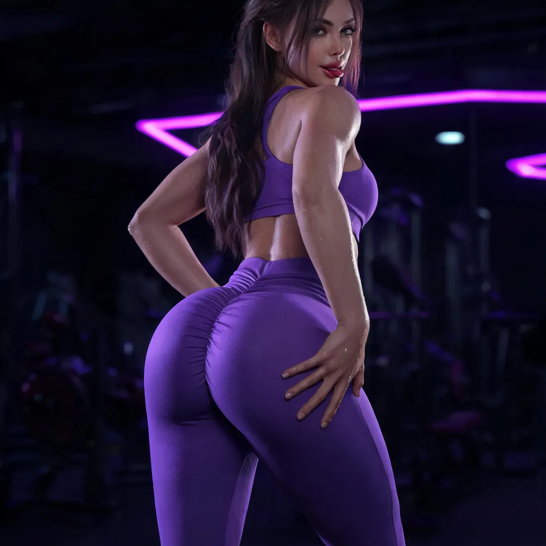 AI girlfriend in scrunch leggings looking back over her shoulder