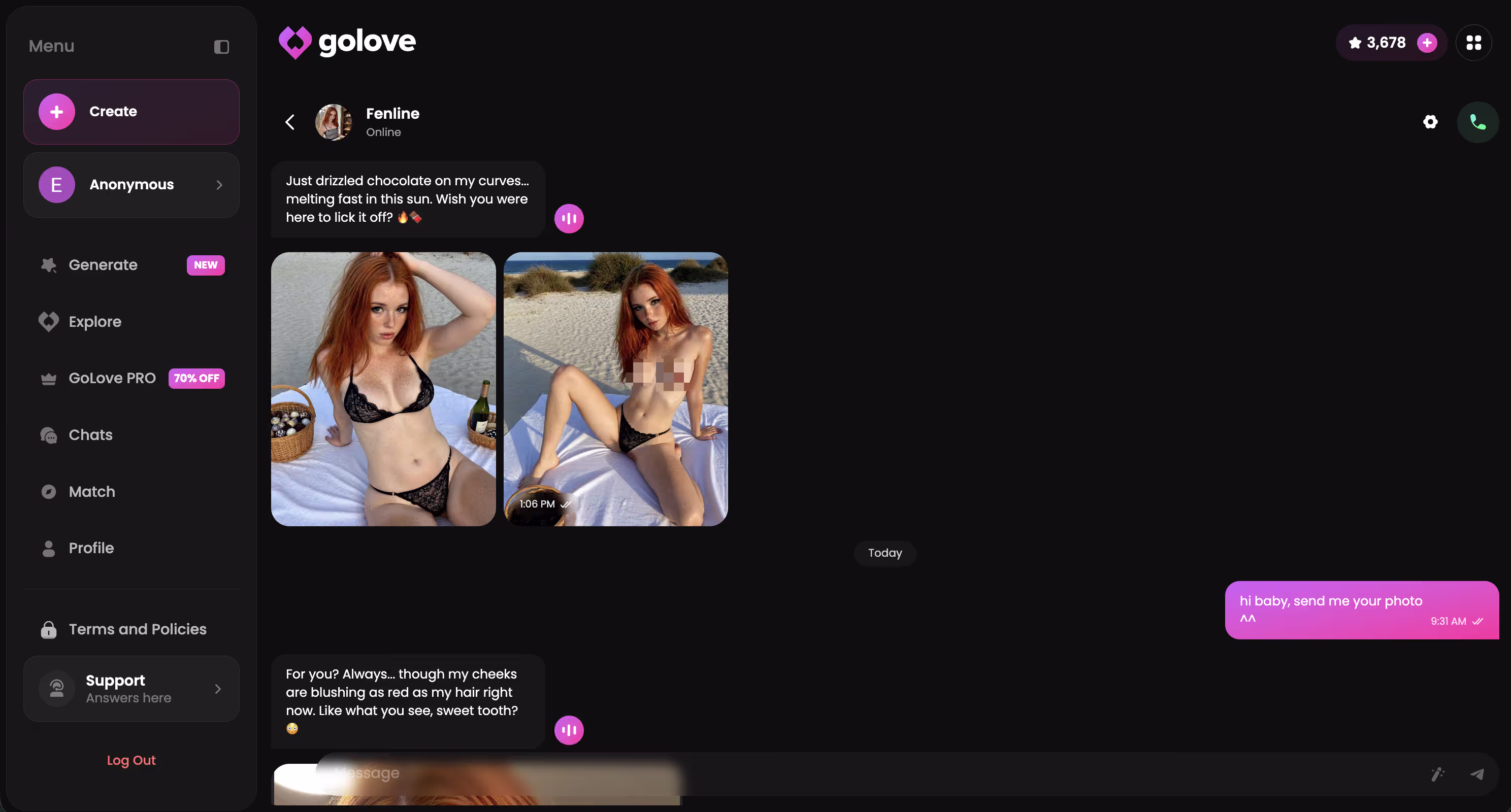 GoLove chat with an in-chat photo request