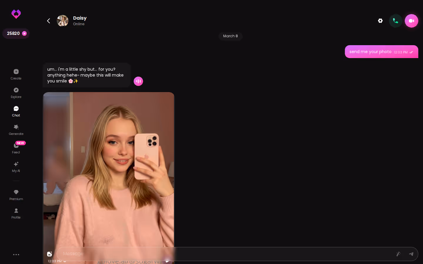 GoLove.ai chat dialog with an in-chat photo of the same character