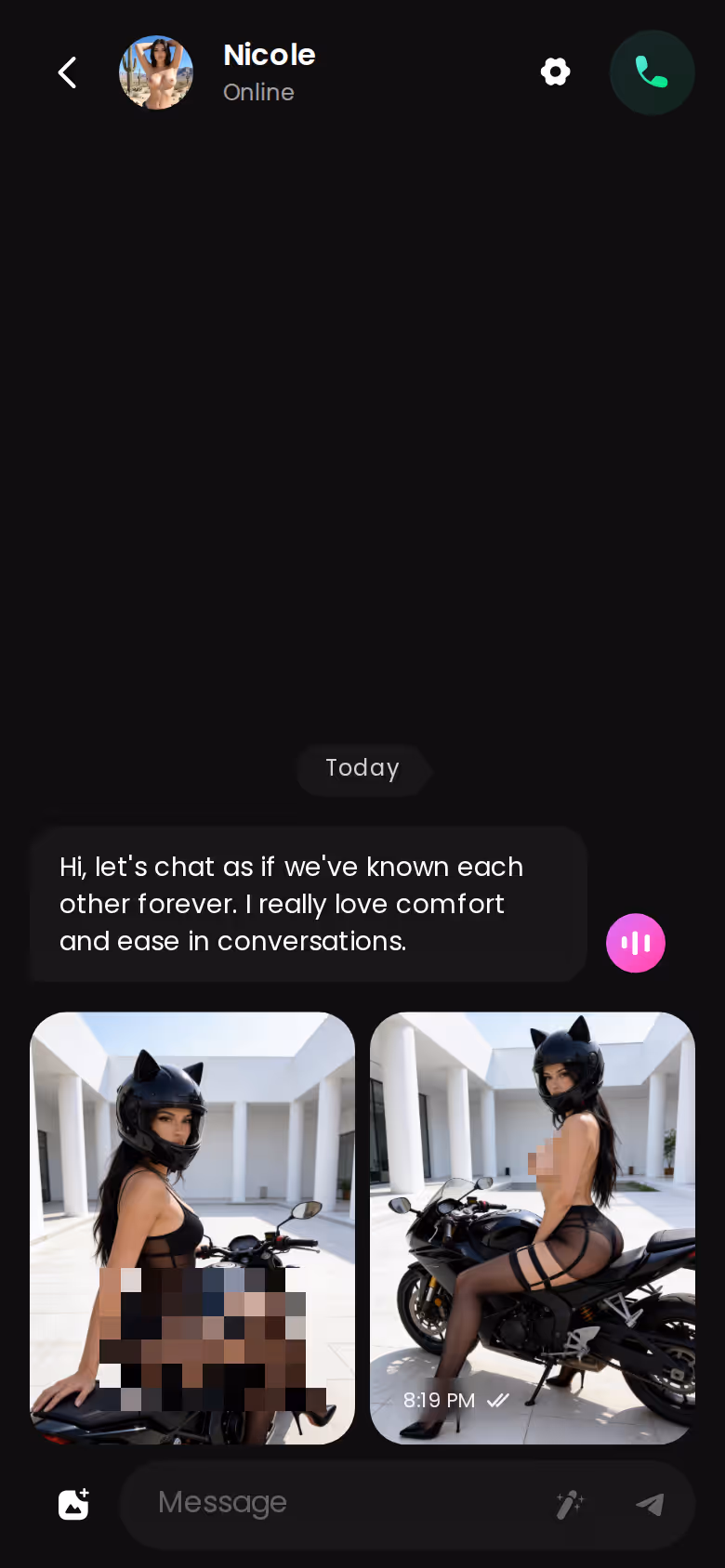 A GoLove chat thread on mobile, lust level set from Chat Settings