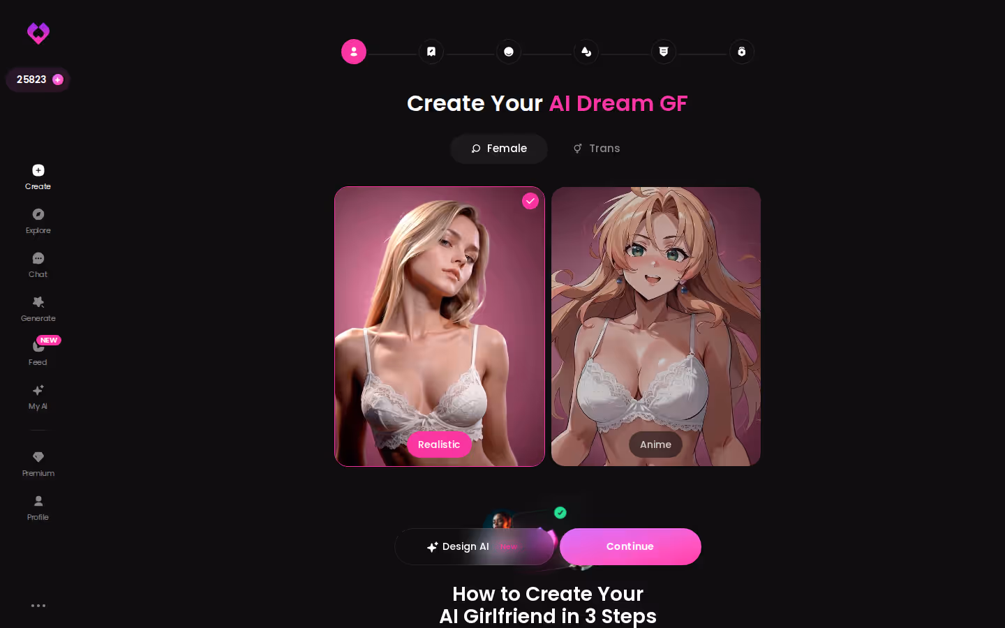 GoLove.ai create wizard with the Female/Trans toggle, Realistic and Anime cards, and the Design AI shortcut