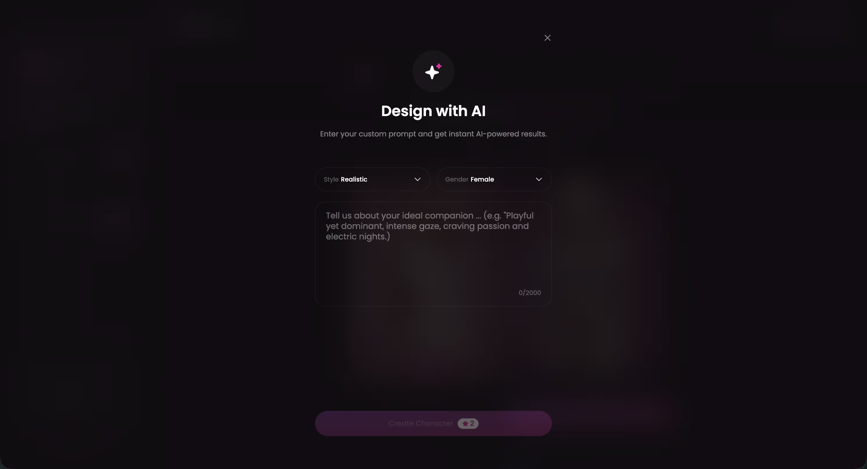 GoLove.ai Design with AI screen turning a text description into a new character