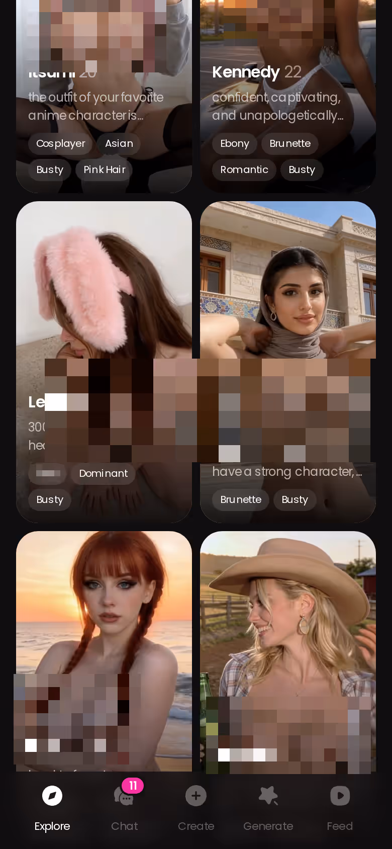 GoLove.ai Explore page on mobile showing realistic AI companions and the bottom navigation bar