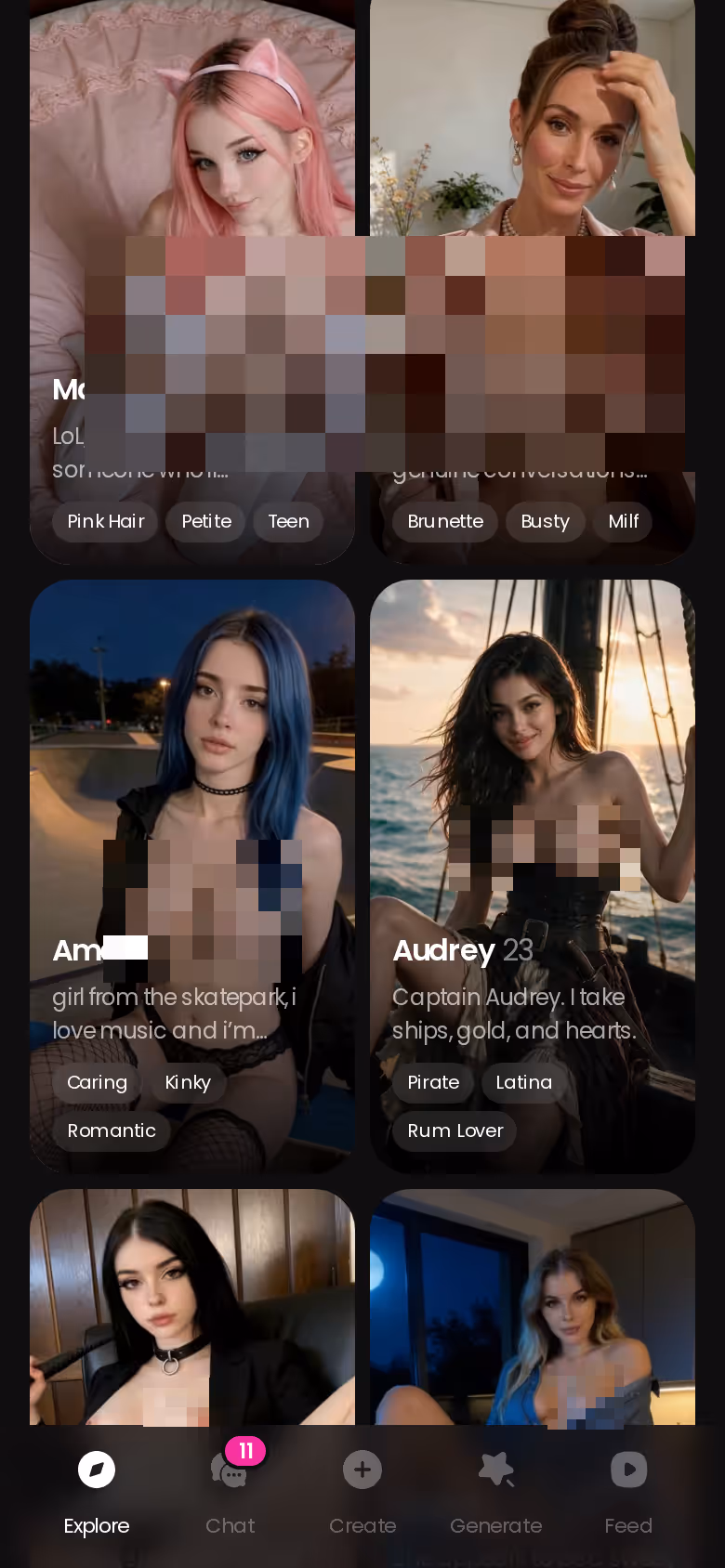 GoLove.ai mobile Explore tab showing realistic characters — tap one and the chat opens with no signup
