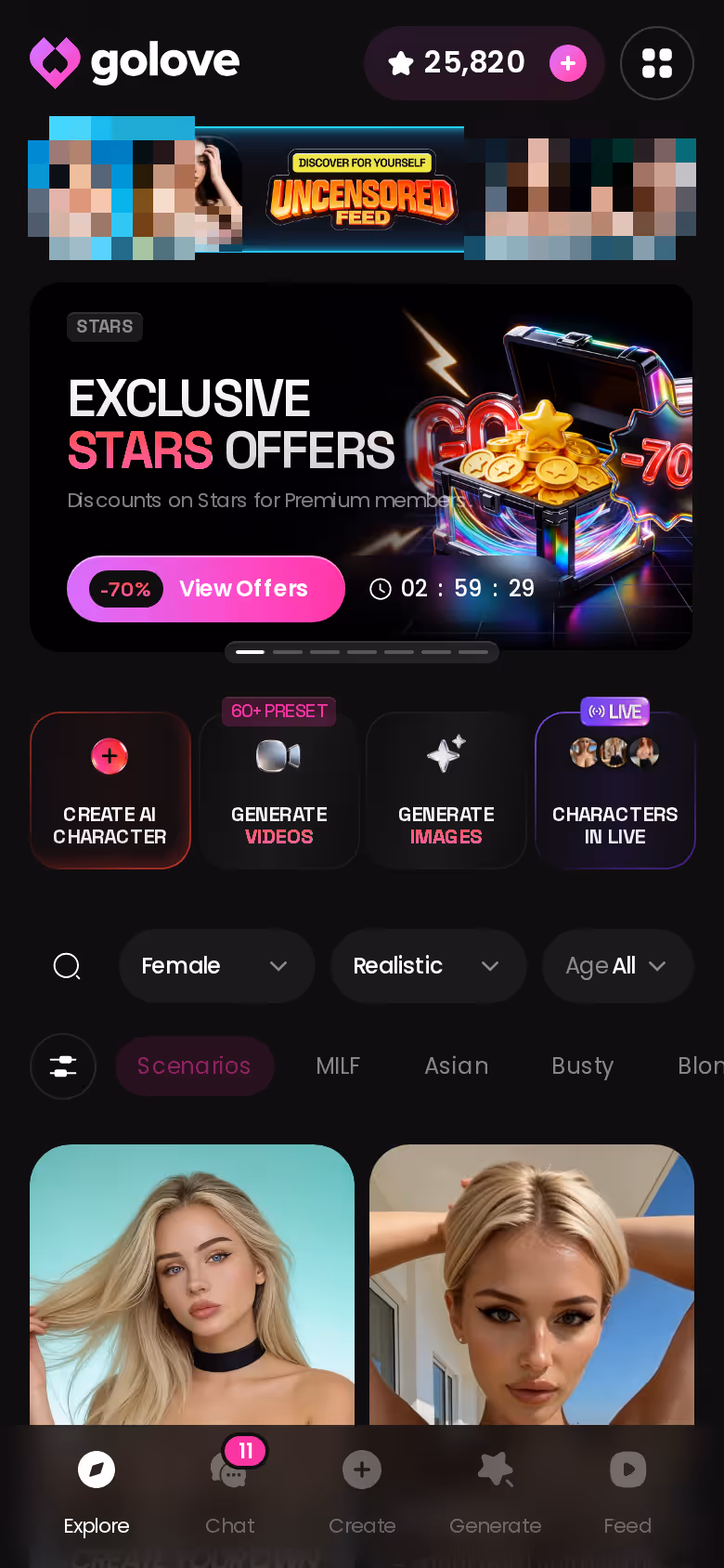 GoLove.ai mobile explore grid with tag chips and realistic characters