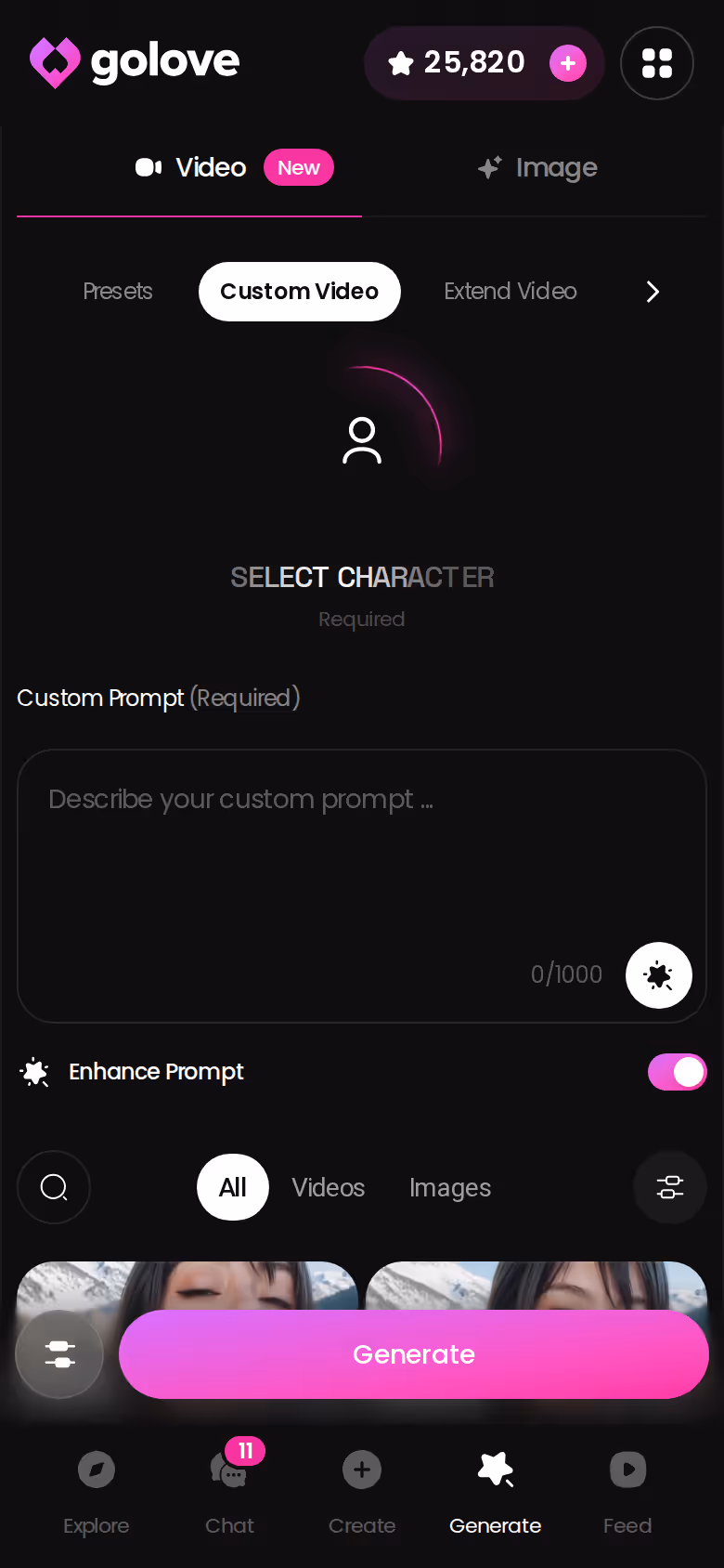 GoLove.ai Custom Video generator on mobile with a text prompt field