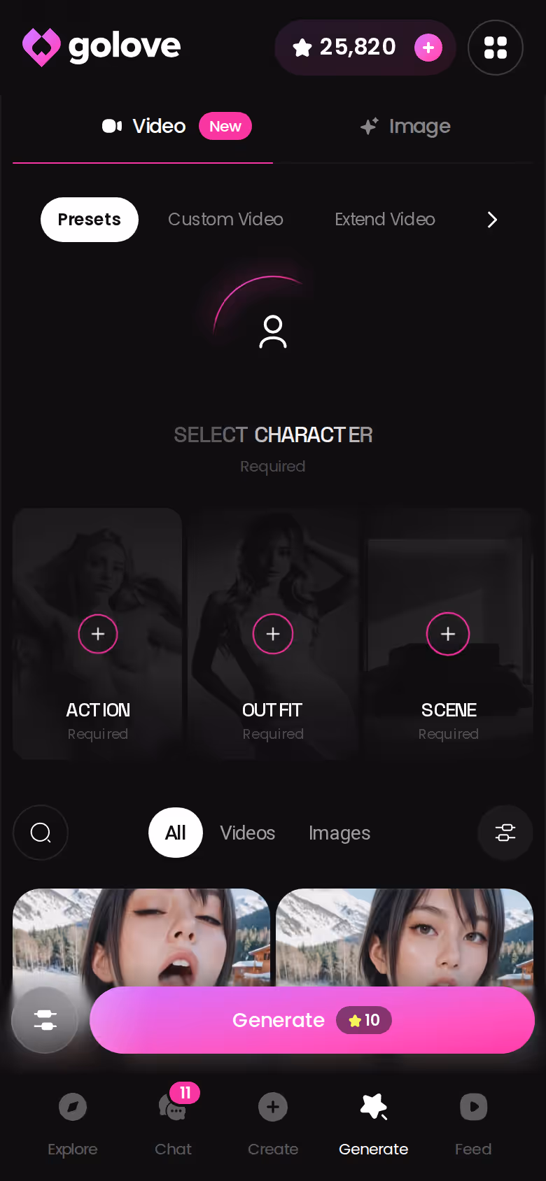 GoLove.ai Generate hub on mobile showing the full picture and video mode set