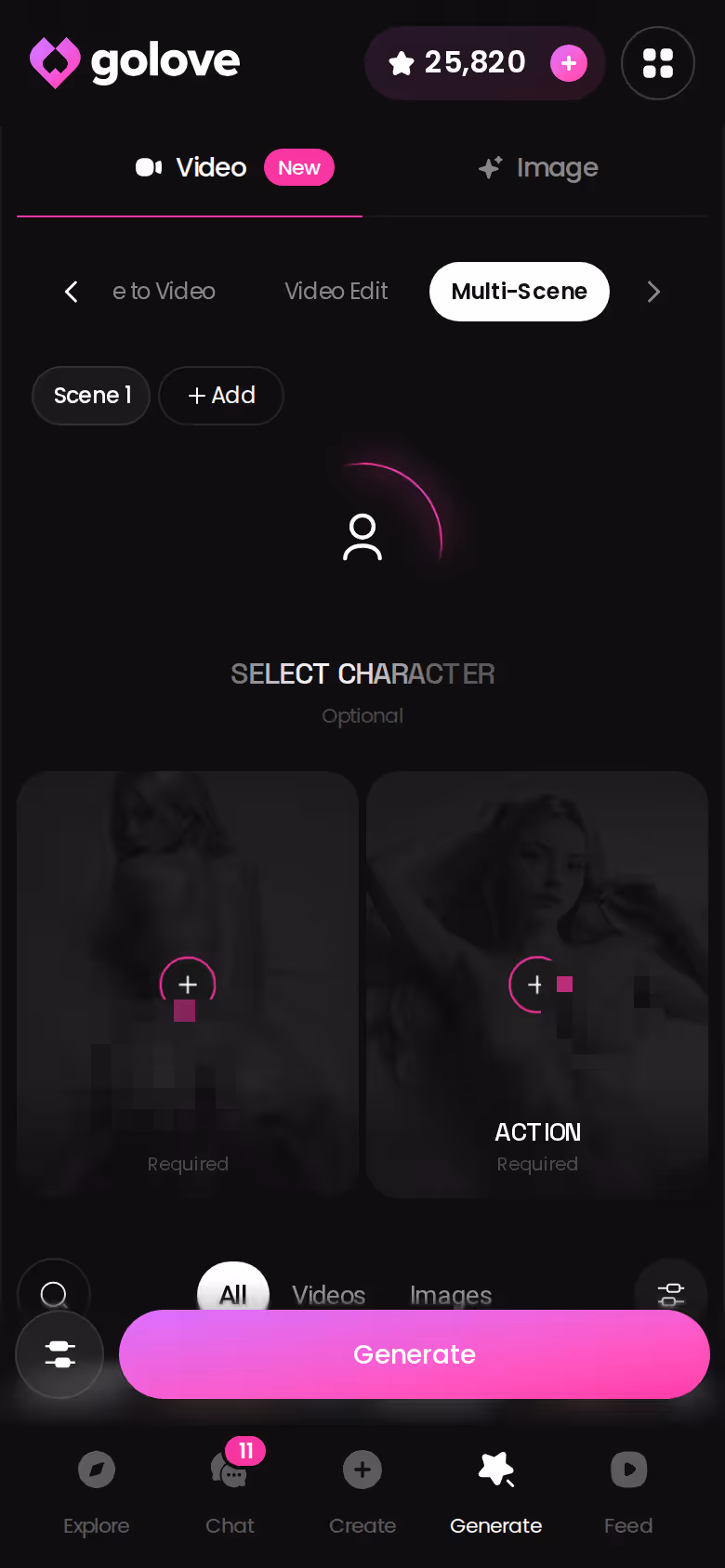 GoLove.ai Generate Multi Scene on mobile building one clip from several moments